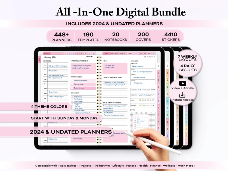 2024 digital planner, dated digital planner, pink digital journal, goodnotes planner, ipad planner, daily notability template, ADHD planner